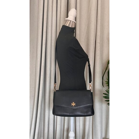 Tory Burch Black Leather and Suede Kira Handbag With Gold Logo Accents & Adjusta - Picture 11 of 13